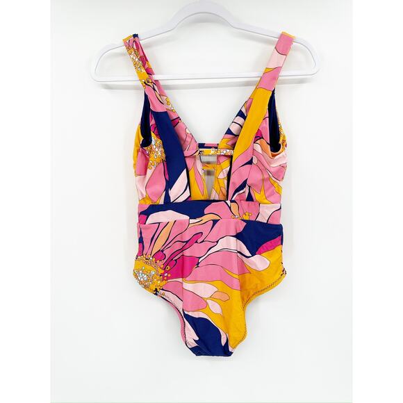 Trina Turk Yellow Floral Print One Piece Plunge Neck Swimsuit Size 8 NWOT - Picture 4 of 7